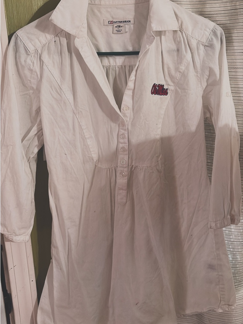 Cutter & Buck White Long-Sleeve Button Popover with Small Red Script Logo